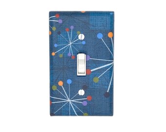 Blue Mid Century Modern Atomic Starburst Wall Art Abstract Geometric Print Colorful Maximalist Home Gift for Home Decor Light Switch Cover