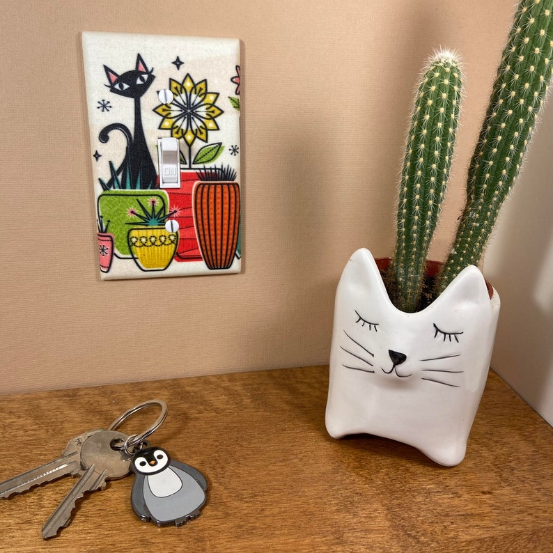 Mid Century Modern Cats and Plants Handmade Gift for home Decor Light Switch Cover Plate Vintage Wall Art Living Room image 4
