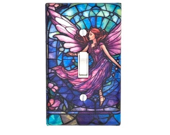 Purple Pink Stained Glass Fairy Wall Art Fantasy Home Gift for Home Decor Fairies Light Switch Cover Handmade Housewarming Gifts Fae Goth