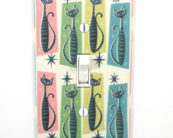 Mid Century Modern Atomic Black Cats Vintage Retro Home Decor Light Switch Cover Plate Wall Art Gift for Cat Lover 1950s 1960s Rainbow