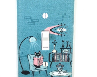 Cozy Cat Den Mid Century Modern Wall Art Blue Atomic Cats Living Room Vintage Retro Home Decor Light Switch Cover Gift 1950s 1960s MCM