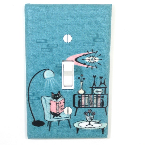 Cozy Cat Den Mid Century Modern Wall Art Blue Atomic Cats Living Room Vintage Retro Home Decor Light Switch Cover Gift 1950s 1960s MCM