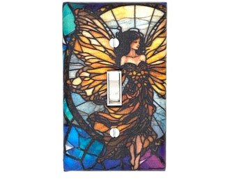 Orange Monarch Butterfly Stained Glass Fairy Wall Art Fantasy Home Gift for Home Decor Fairies Light Switch Cover Housewarming Gifts
