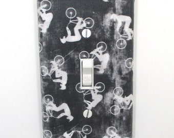 Black and White Bike Motocross Light Switch Cover Plate Teen Boys Bicycle Bedroom Decor Handmade Gift