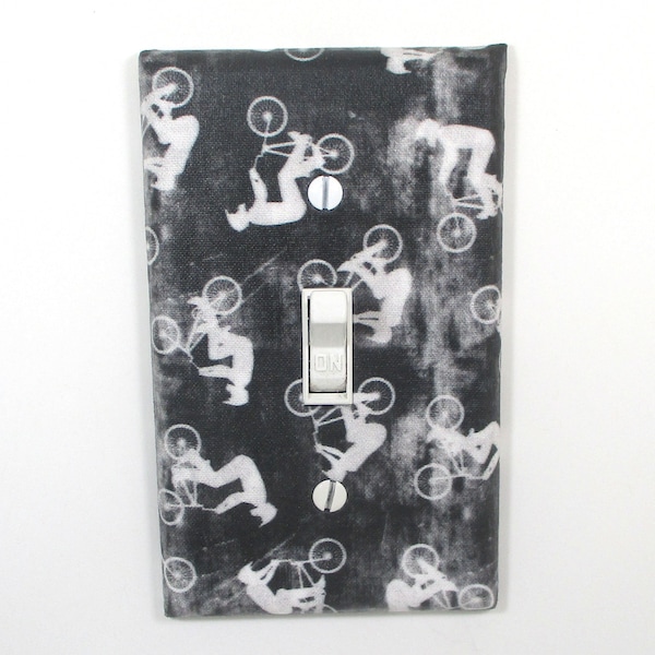 Black and White Bike Motocross Light Switch Cover Plate Teen Boys Bicycle Bedroom Decor Handmade Gift