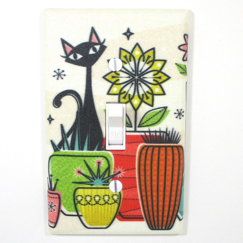 Mid Century Modern Cats and Plants Handmade Gift for home Decor Light Switch Cover Plate Vintage Wall Art Living Room Standard Toggle (S1)