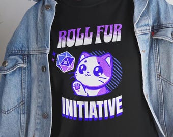Camiseta de gato D20 de Roll Fur Initiative / Camiseta de dados de rol, Dungeons Dragons, juegos de palabras sobre gatos, afición a DnD, videojuegos, Dungeon Master, regalo de dados