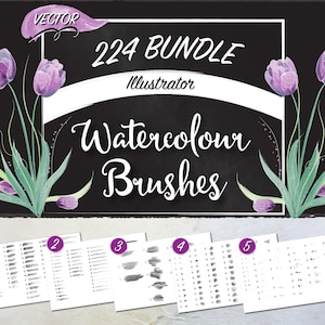 Può includere: Un set di 224 pennelli ad acquerello per Adobe Illustrator. I pennelli sono visualizzati su cinque fogli di carta, ognuno etichettato con un numero da 1 a 5. I pennelli sono neri e grigi e sono disposti in file. L'immagine include anche una lavagna con il testo "224 Bundle Illustrator Watercolor Brushes" e un motivo floreale.
