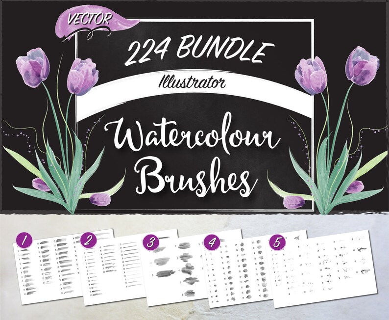 May include: A set of 224 watercolor brushes for Adobe Illustrator. The brushes are displayed on five sheets of paper, each labeled with a number from 1 to 5. The brushes are black and gray and are arranged in rows. The image also includes a chalkboard with the text "224 Bundle Illustrator Watercolor Brushes" and a floral design.