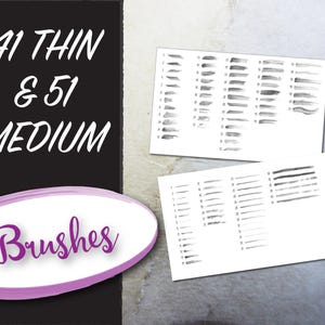 May include: A set of 41 thin and 51 medium watercolor brushes. The brushes are displayed on two white sheets of paper with black ink brushstrokes.