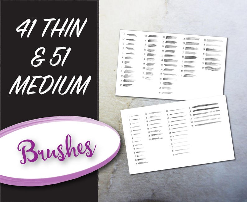 May include: A set of 41 thin and 51 medium watercolor brushes. The brushes are displayed on two white sheets of paper with black ink brushstrokes.