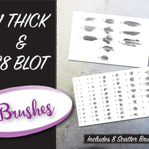 May include: A black and white image showing 11 thick and 68 blot brushes. The image includes 8 scatter brushes. The brushes are shown on a white background.