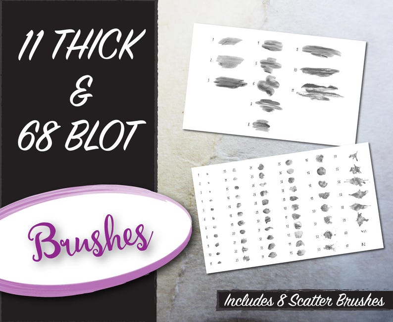 May include: A black and white image showing 11 thick and 68 blot brushes. The image includes 8 scatter brushes. The brushes are shown on a white background.