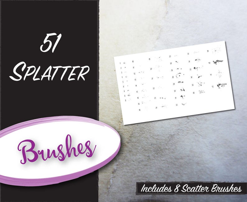 May include: A black and white image of 51 splatter brushes. The image shows a preview of the brushes, with each brush numbered. The text "51 Splatter Brushes" is at the top of the image, and the text "Includes 8 Scatter Brushes" is at the bottom of the image.