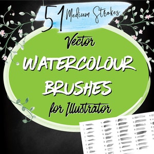Puede incluir: 51 pinceles de acuarela vectoriales para Illustrator. La imagen muestra un círculo verde con el texto "51 Medium Strokes Vector Watercolor Brushes for Illustrator" y una vista previa de los pinceles.