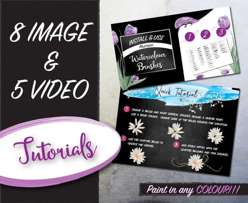 May include: A digital illustration of watercolor brushes for Adobe Illustrator. The image shows a quick tutorial on how to use the brushes to create a flower. The text on the image reads "Install & Use Illustrator Watercolor Brushes" and "Quick Tutorial".