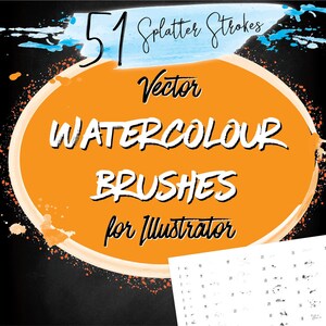 May include: 51 Vector Watercolor Brushes for Illustrator. A digital illustration of a set of watercolor brushes for Adobe Illustrator. The image shows a collection of 51 splatter strokes.