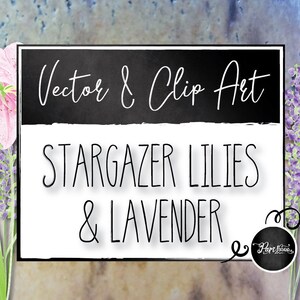 May include: Vector and clip art of stargazer lilies and lavender flowers. The flowers are pink and purple and have a watercolor effect. The text "Vector & Clip Art Stargazer Lilies & Lavender" is written in black on a white background.