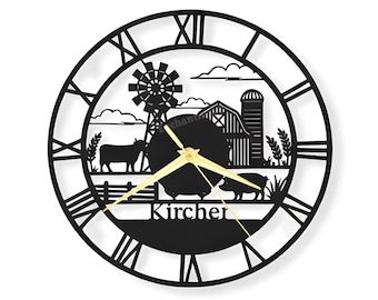 Relógio de metal personalizado estilo fazenda, arte de parede com animais de fazenda para sala de estar, cozinha ou decoração de casa de campo, presente de boas-vindas para fazendeiros.