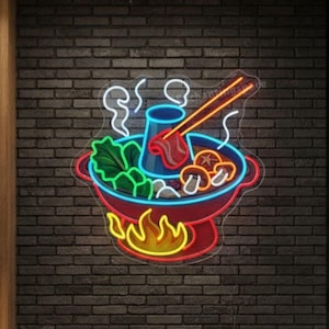 May include: A neon sign depicting a hot pot with steam, vegetables, and meat, in red, yellow, blue, and green. The sign is mounted on a dark brick wall. The restaurant setting includes tables, shelves, and pendant lights.