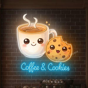 May include: A neon sign in a coffee shop features a cartoon coffee cup and a cookie with smiling faces. The sign reads "Coffee & Cookies" in blue neon against a brick wall. The shop has baked goods on display and wooden tables.