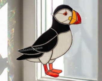 Handcrafted Puffin Stained Glass Window Decor, Nautical Suncatcher Hanging Ornament