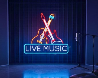 Electric Guitar Live Music Neon Sign, Live Music Neon Sign, Custom Neon Sign, Music Wall Decor, Rock And Roll Light, Live Music Led Light