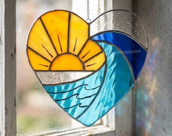 Sunset Heart Stained Glass Window Hanging, Handcrafted Nautical Suncatcher Outdoor Decor