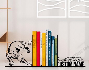 Kundenspezifische Panther-Metallbuchstützen, personalisierte Panther-Liebhaber-Namensbuchstütze, Tiermetallbuchstopper-Dekor, Panther-Bücherregalhalter