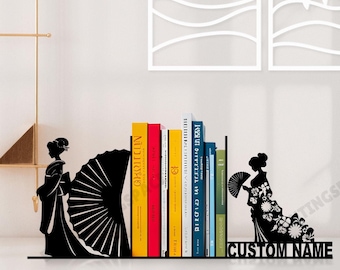 Customized Japan Girl Metal Bookends, Japan Woman Bookend, Black Metal Desk Decor, Bookshelf Decor, Japanese Book Stoppers for Office