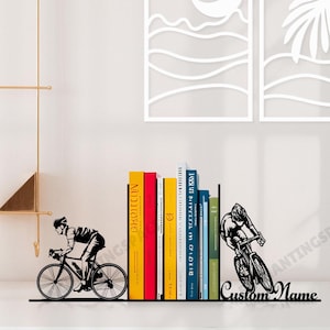 Kundenspezifische Fahrradfahrer Metallbuchstützen, Fahrradname Buchstütze, Radfahrer Tischschild, Reiter Bücherregal Dekor, Fahrrad Metallbuchständer Metall Kunst