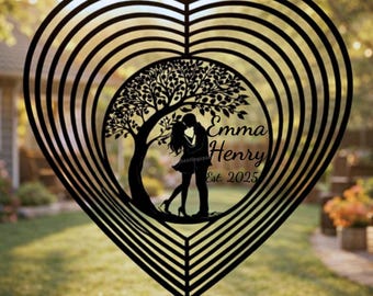 Niestandardowy, romantyczny, metalowy wiszący wiatraczek dla pary, drzewo życia ze stali z imionami do dekoracji patio