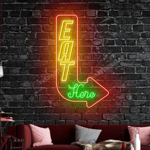 Eat Here Neon Sign, Eat Here Led Light Wall Art, Restaurant Neon Wall Decor, Restaurant Neon Signage, Open Led Sign For Restaurant Decor