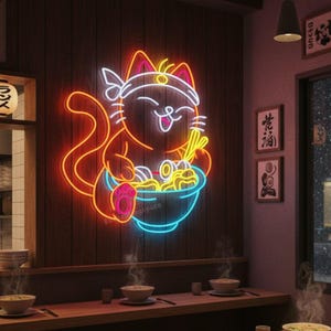 Cat Eating Ramen Neon Sign, Cat Ramen Led Sign Decor, Japanese Ramen Restaurant Wall Decor, Ramen Noodles Store LED Light Sign Wall Art