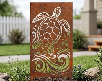 Ocean Sea Turtle Metal Yard Stake Panel, Weathered Steel Garden Screen, Coastal Nature Decor
