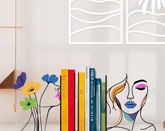 Abstract Face Metal Bookends, Modern Shelf Decor for Table or Office, Decorative Book Stopper, Gift for Her and Book Lovers