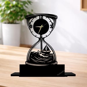 Hourglass Metal Table Clock with Beach Scenery Accent, Vintage Timekeeper for Office or Study Room Decor