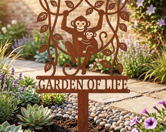 Custom Monkey Metal Garden Stake, Personalized Garden of Life Sign, Jungle Animal Yard Art