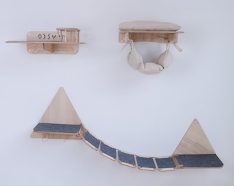 Custom Wood Cat Climbing Shelf, Set Wooden Cat Wall Furniture With Cat Hammock Cat Bridge Ladder Shelf With 2 Bowls, Cat Feeder Wall Shelf