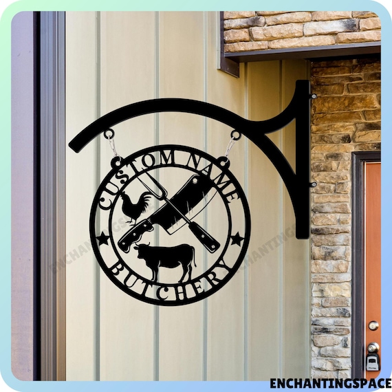 アンティーク看板　木製豚の壁掛け装飾 Butcher Shop 精肉店 Personalized Name Hanging Butcher Shop Metal Sign, Fresh Meat