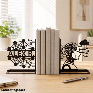 Gepersonaliseerde metalen boekensteunen met kunstmatige intelligentie, decoratie voor op je boekenplank met neuraal netwerk.