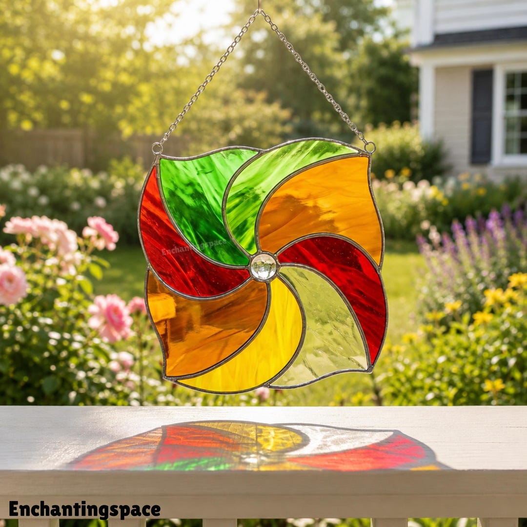 Pinwheel Window Display Pinwheel Stained Glass Window Hanging, Colorful Geometric Suncatcher ...