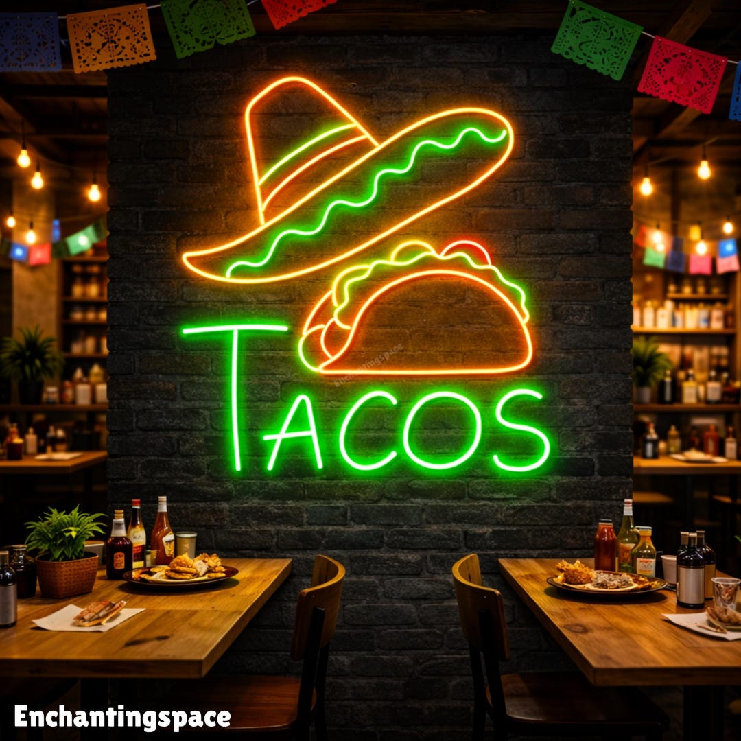 Tacos Neon Sign With Sombrero, Mexican Cuisine LED Wall Tacos Neon Sign With Sombrero, Mexican Cuisine LED Wall