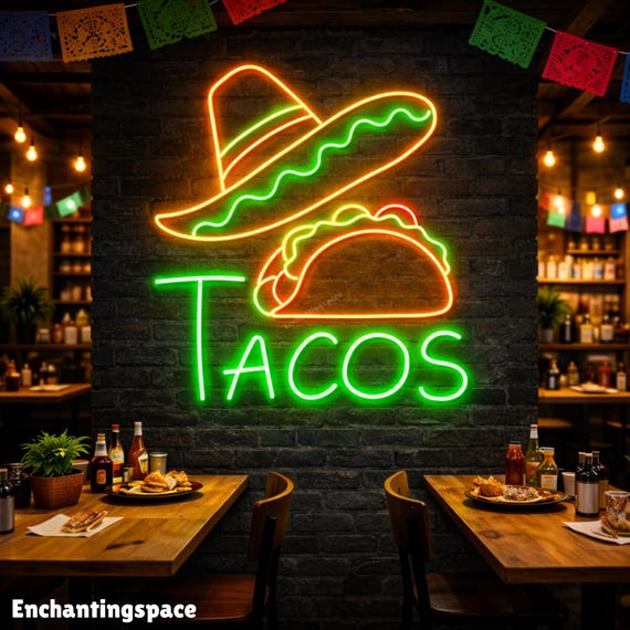 タコスネオンサイン（ソンブレロ付き）、メキシコ料理LEDウォール 