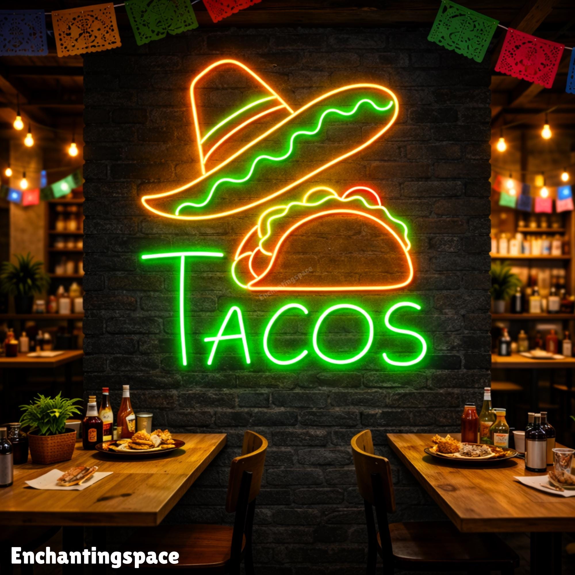 Tacos Neon Sign With Sombrero, Mexican Cuisine LED Wall Light for