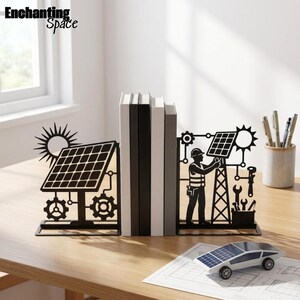 Custom Solar Engineer Metal Bookends, Solar Panel Book Holder Art Sign, Energy Decor