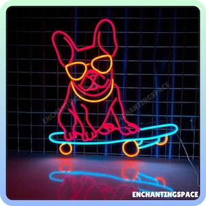 Neonreclame skateboarden Franse bulldog, skateboardclub led-bord kunst aan de muur, ledlicht skateboarden bulldog, skateboarden minnaar cadeau