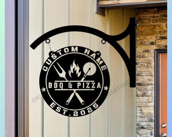 Personalized BBQ & Pizza Metal Hanging Sign, Barbecue Store Front Sign, BBQ Grill Bar Hanging Sign, Pizza Restaurant Metal Outdoor Sign