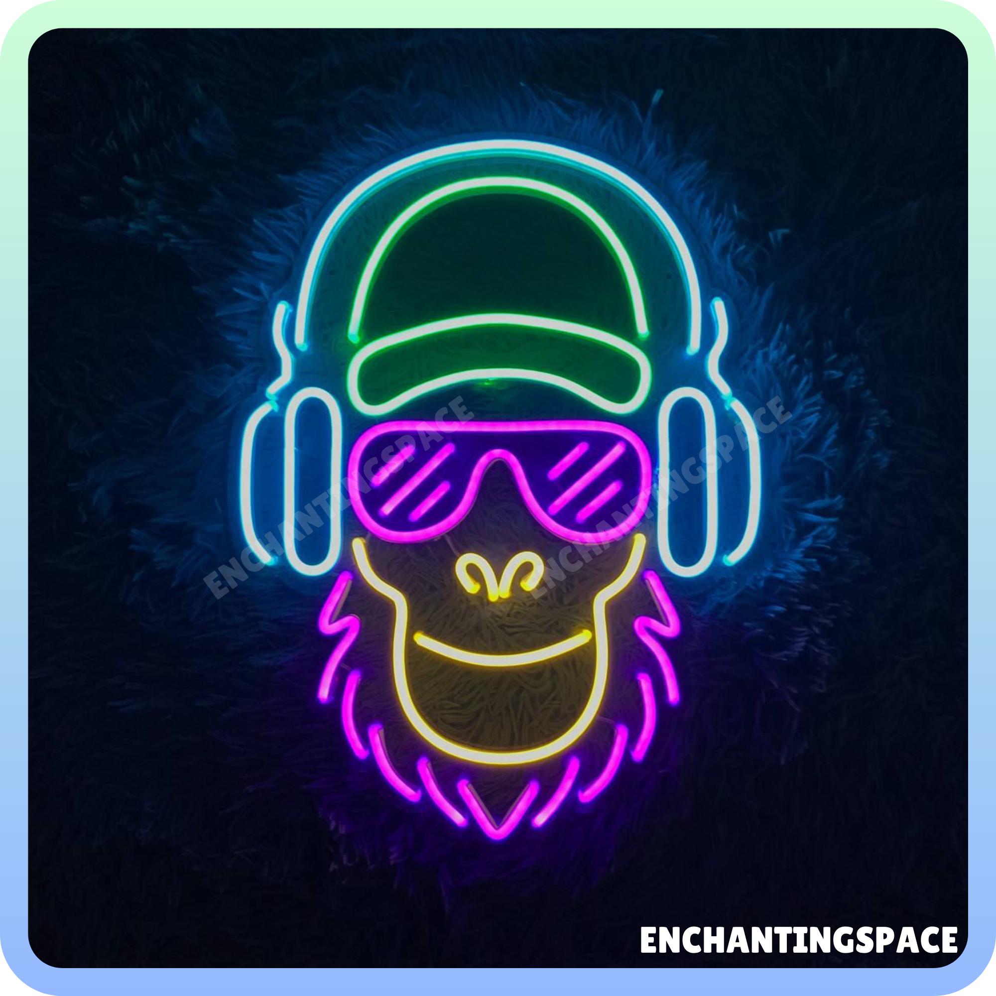 Monkey With Headphone Neon Sign, Monkey Wearing Sunglasses Led