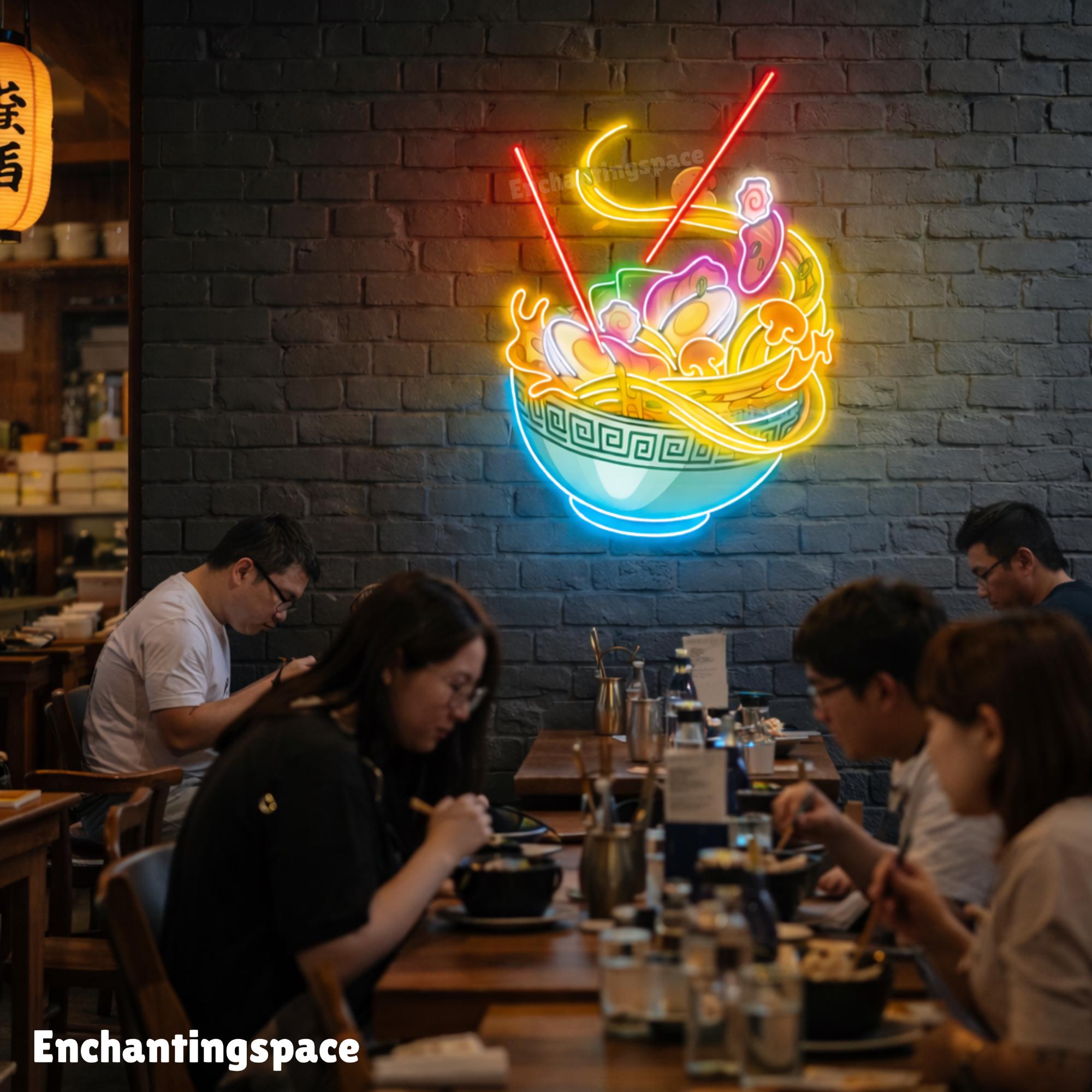 ラーメンボウルネオンサイン、カラフルな日本の麺ボウルアクリルアート 